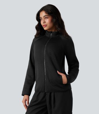 Stand Collar Long Sleeve Zip Fly Hiking Fleece Heathered Jacket with Pockets