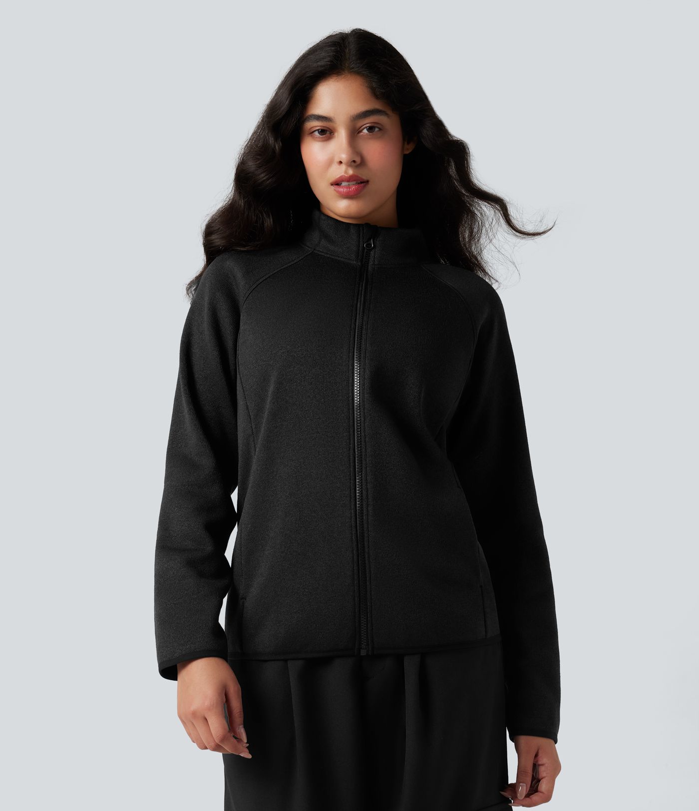 Stand Collar Long Sleeve Zip Fly Hiking Fleece Heathered Jacket with Pockets