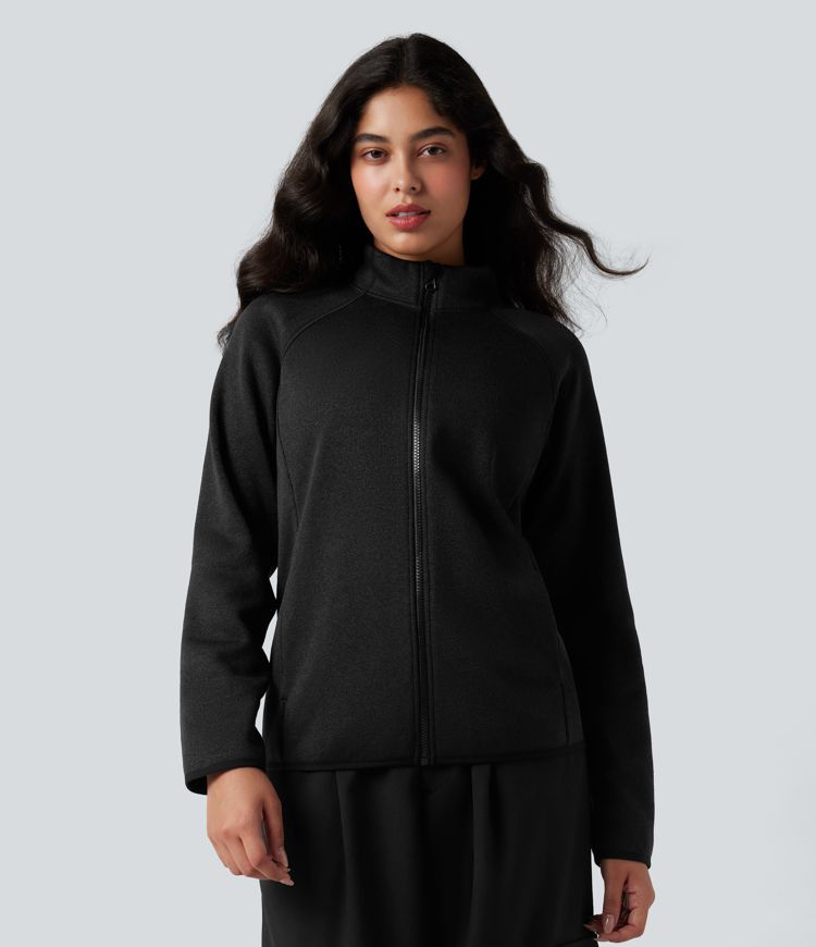 Stand Collar Long Sleeve Zip Fly Hiking Fleece Heathered Jacket with Pockets