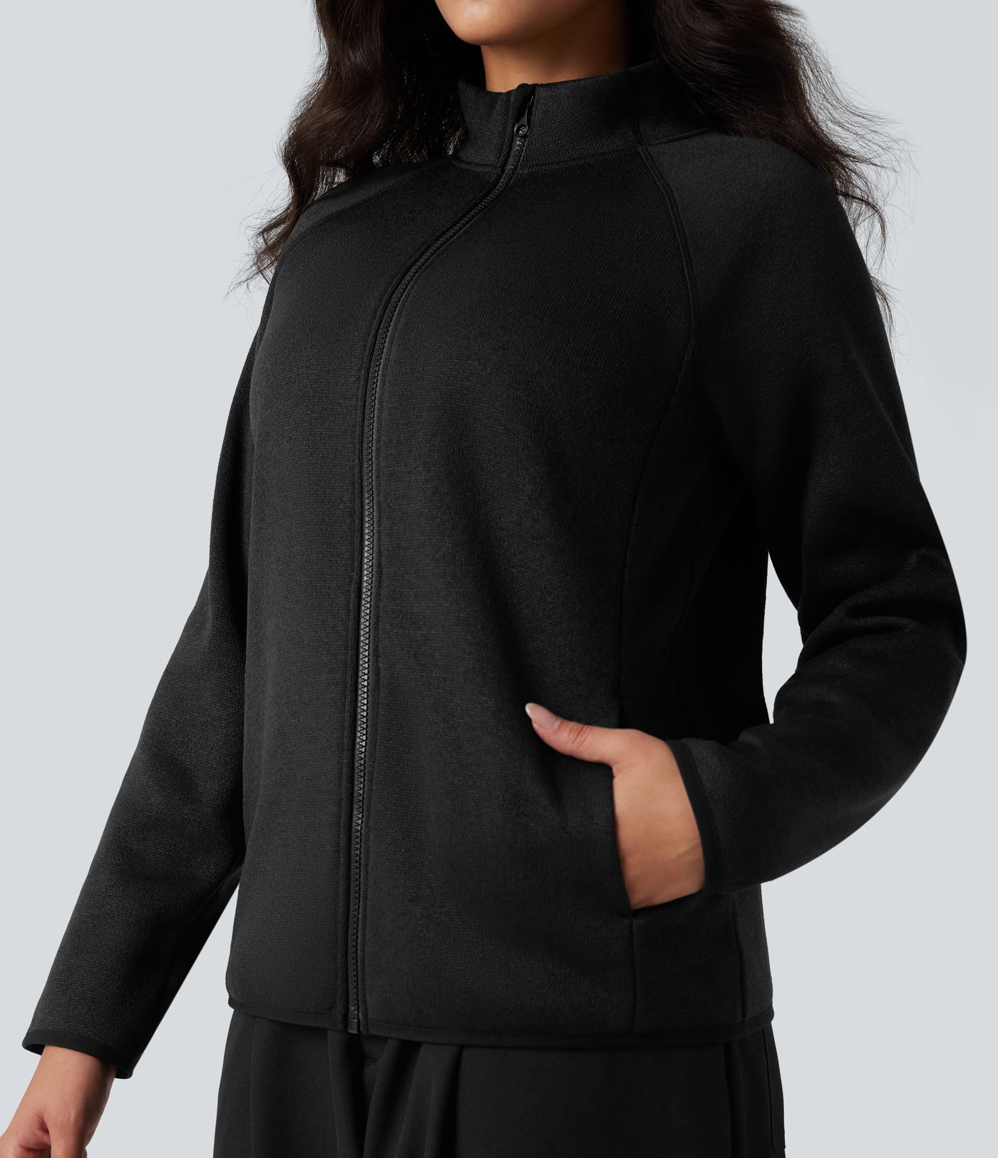 Stand Collar Long Sleeve Zip Fly Hiking Fleece Heathered Jacket with Pockets