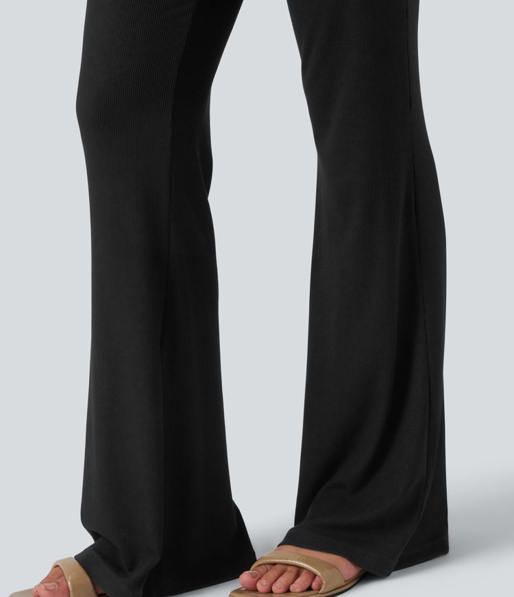 High Stretch Ribbed Knit Boat Neck Long Sleeve Casual Flare Jumpsuit-Easy Peezy