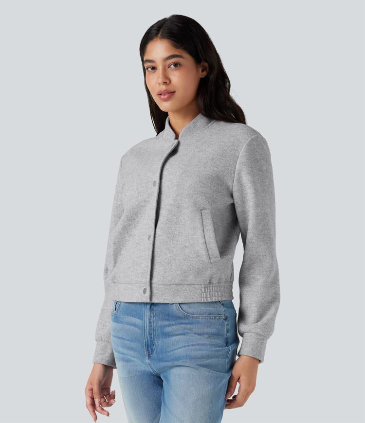 Stand Collar Long Sleeve Fleece Casual Bomber Jacket with Pockets