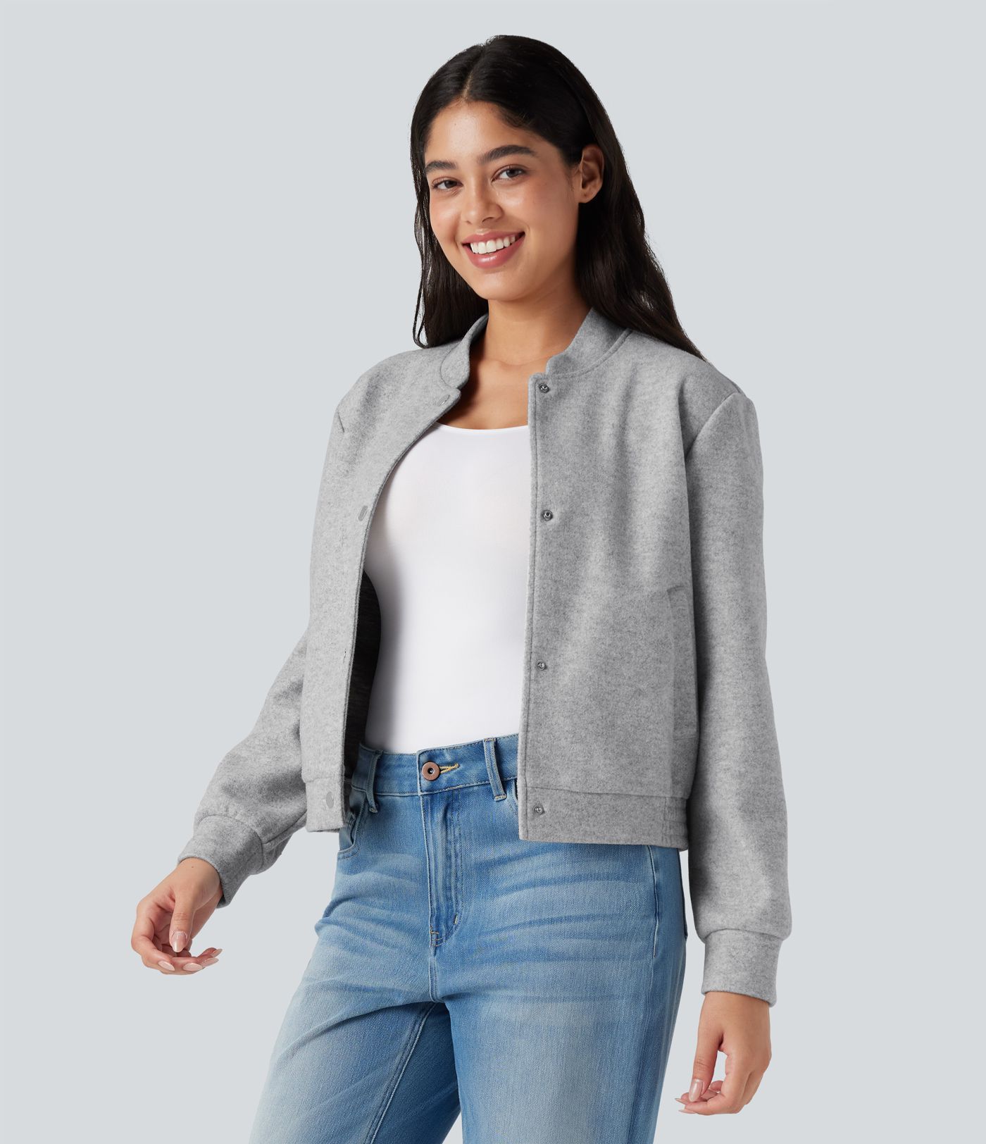 Stand Collar Long Sleeve Fleece Casual Bomber Jacket with Pockets