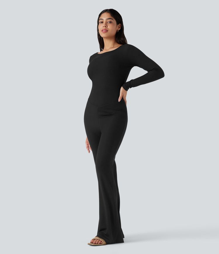 High Stretch Ribbed Knit Boat Neck Long Sleeve Casual Flare Jumpsuit-Easy Peezy
