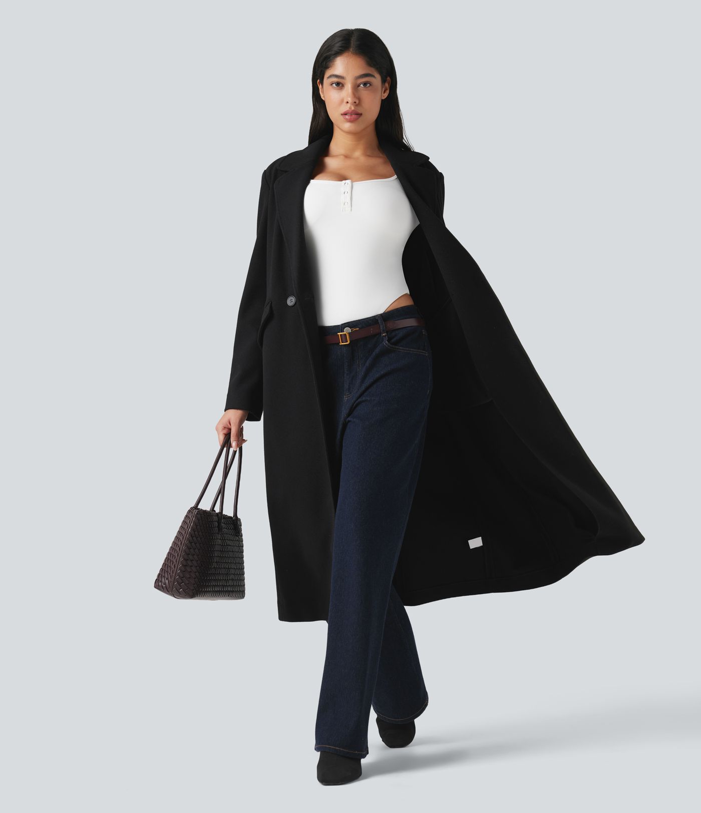 Manteau long polaire col cranté manches longues avec poches