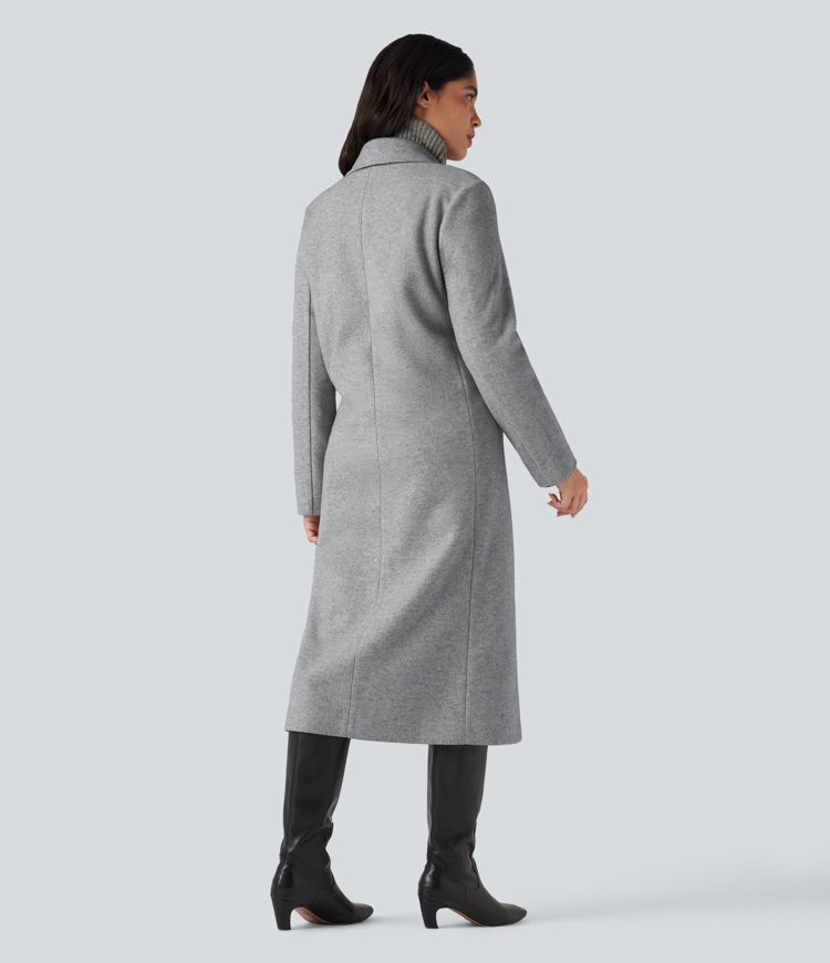 Notched Collar Long Sleeve Longline Fleece Casual Coat with Pockets
