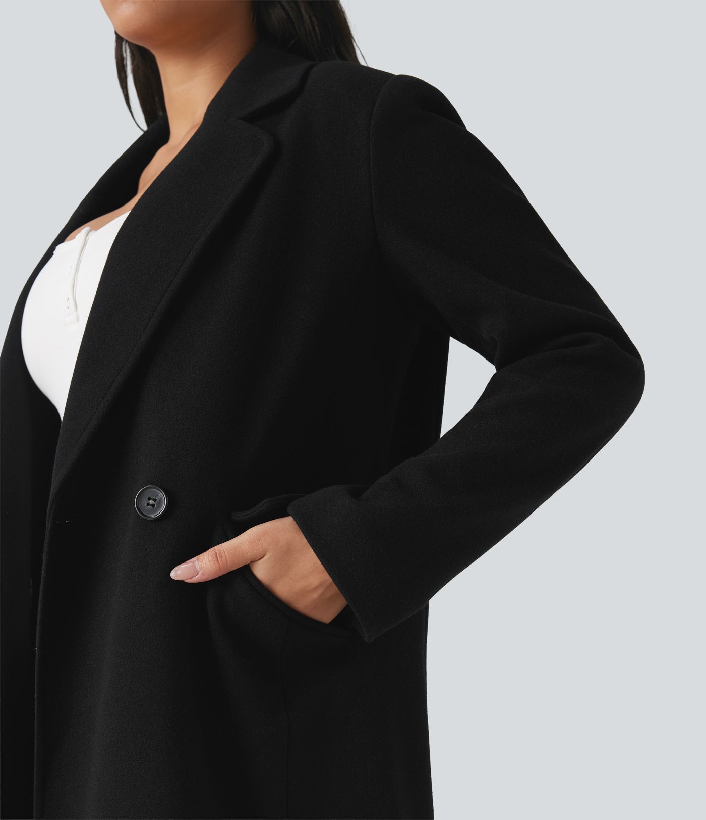 Manteau long polaire col cranté manches longues avec poches