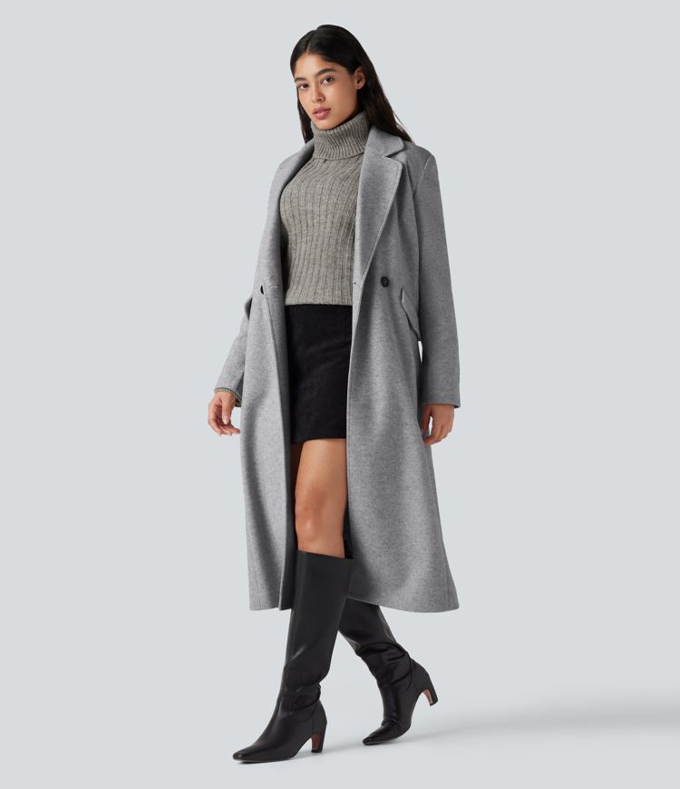 Notched Collar Long Sleeve Longline Fleece Casual Coat with Pockets