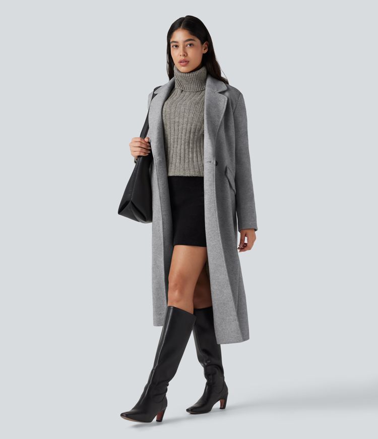 Notched Collar Long Sleeve Longline Fleece Casual Coat with Pockets