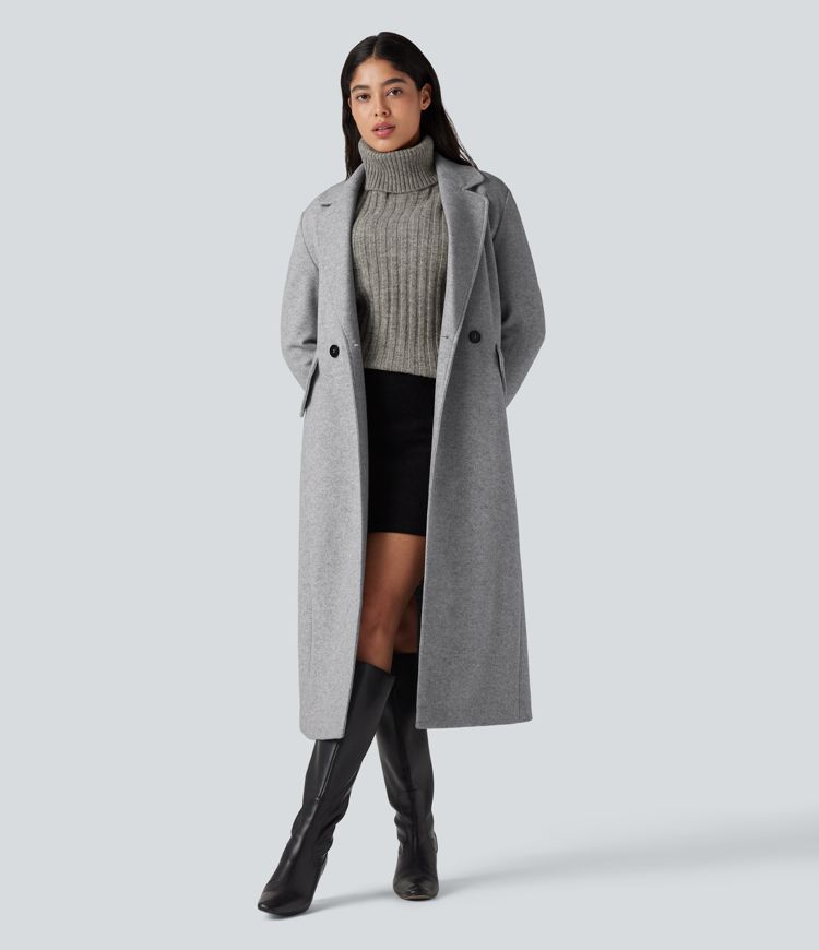 Notched Collar Long Sleeve Longline Fleece Casual Coat with Pockets