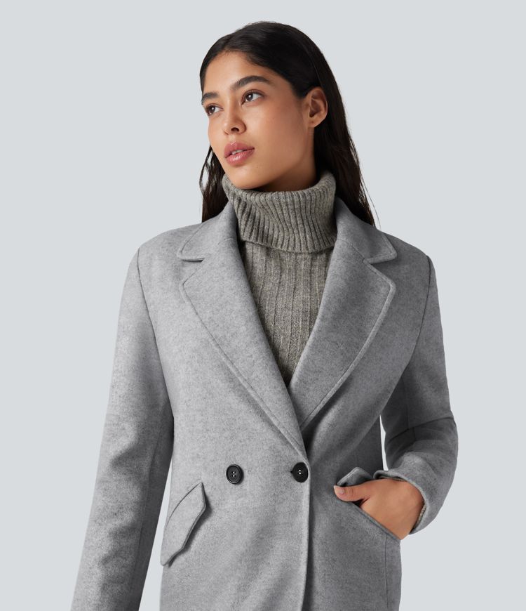 Notched Collar Long Sleeve Longline Fleece Casual Coat with Pockets