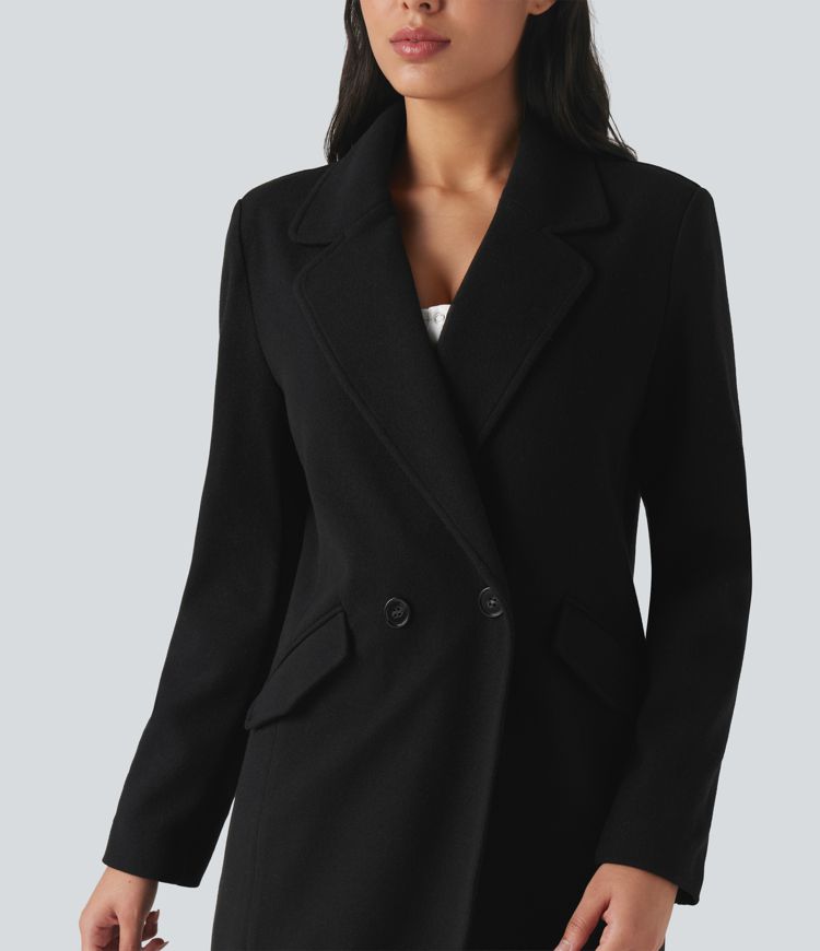 Manteau long polaire col cranté manches longues avec poches