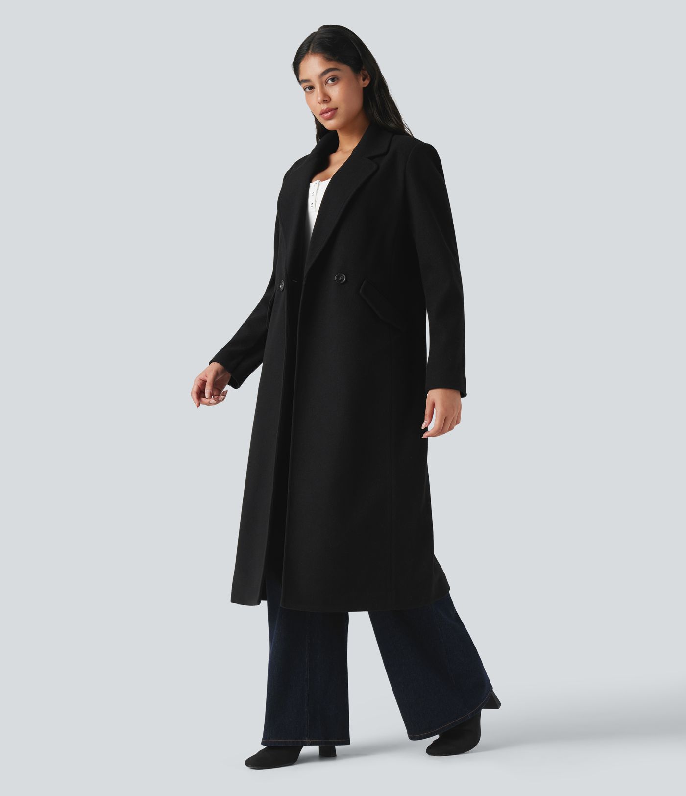 Manteau long polaire col cranté manches longues avec poches