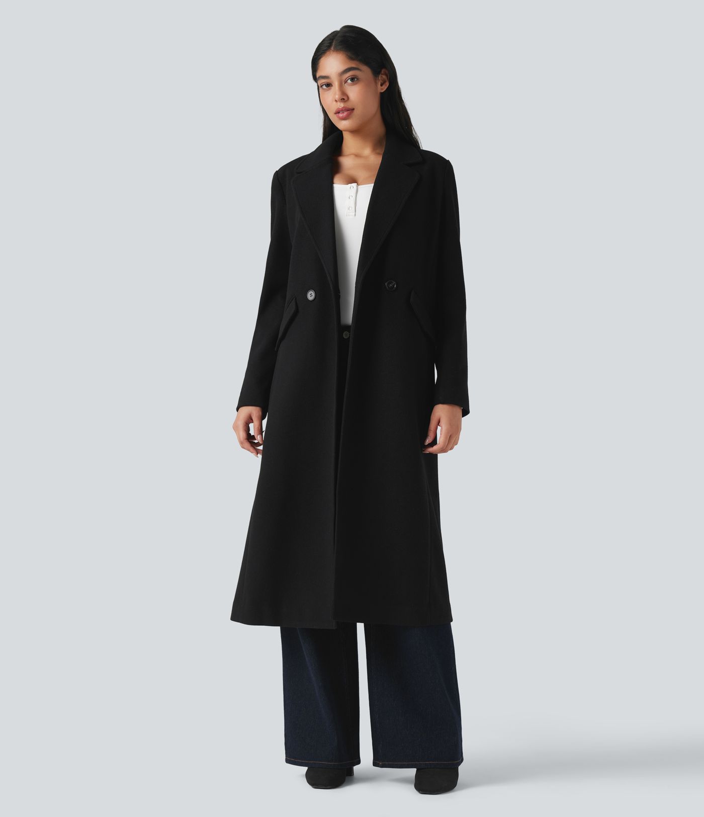 Manteau long polaire col cranté manches longues avec poches