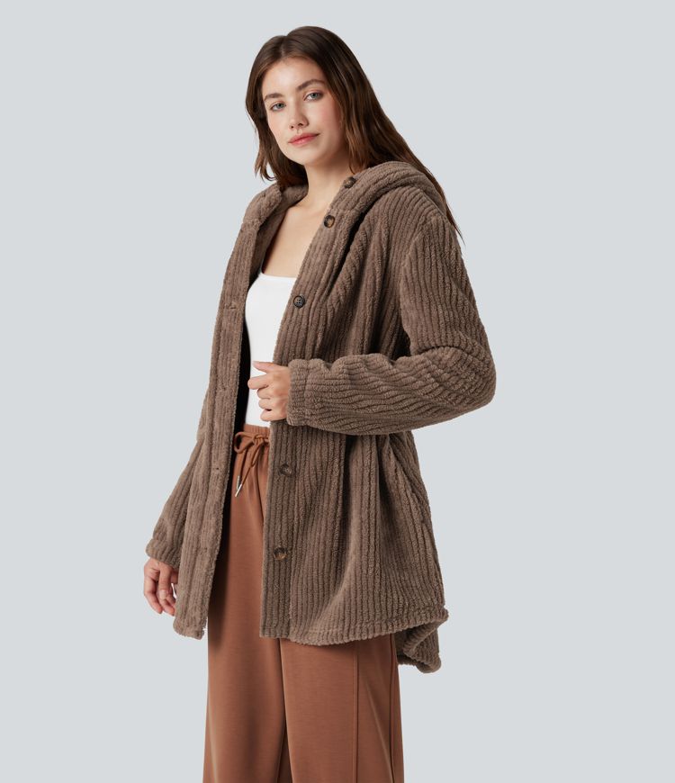 Hooded Drawstring Curved Hem Relaxed Casual Sherpa Jacket with Pockets