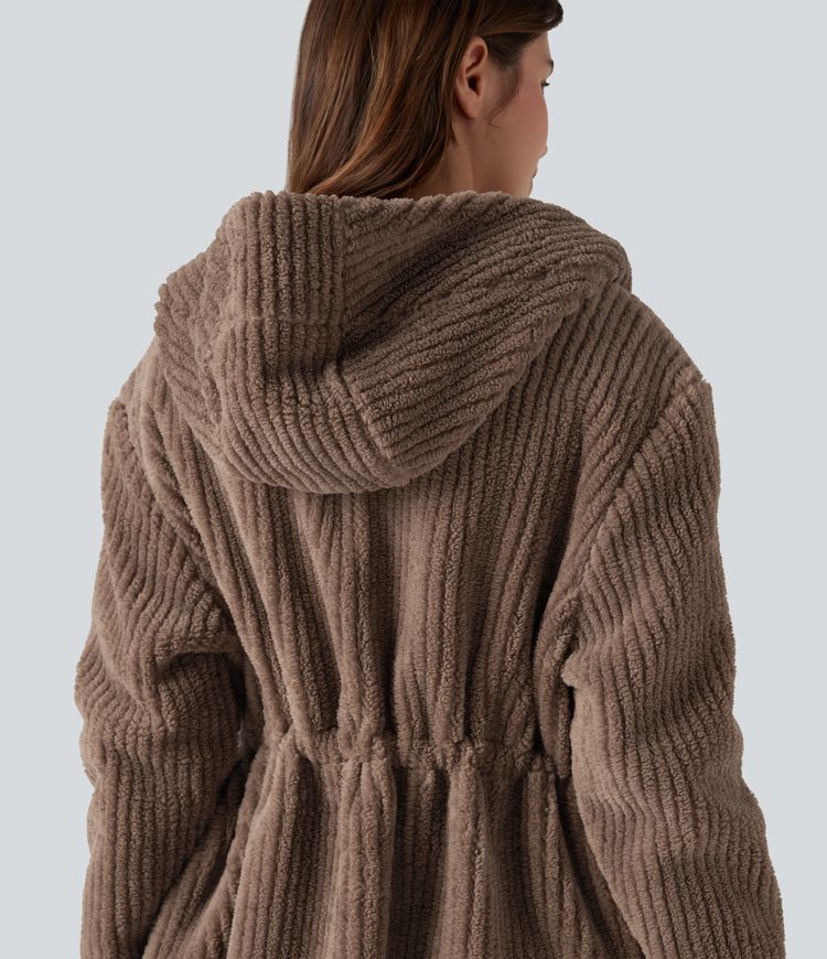 Hooded Drawstring Curved Hem Relaxed Casual Sherpa Jacket with Pockets