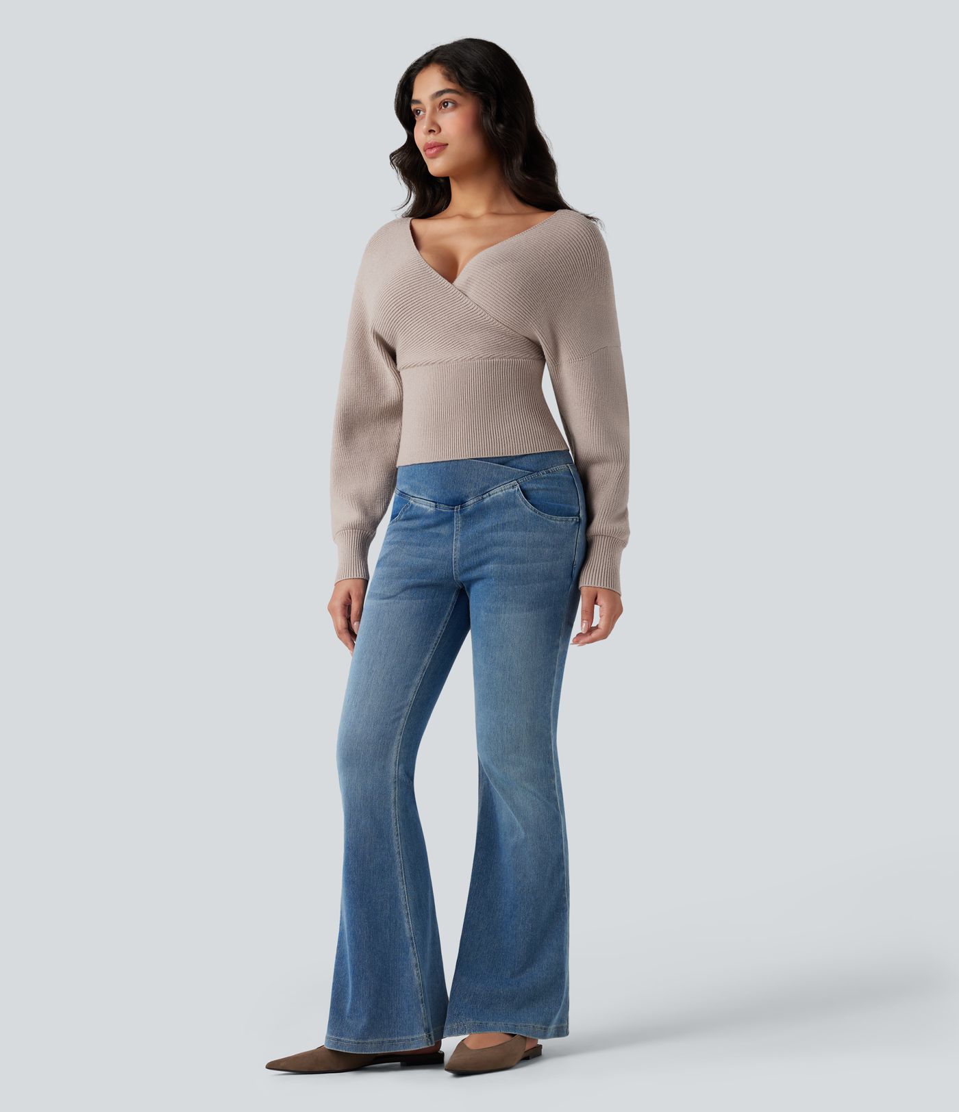 V-neck Batwing Long Sleeve Cut-out Casual Jumper