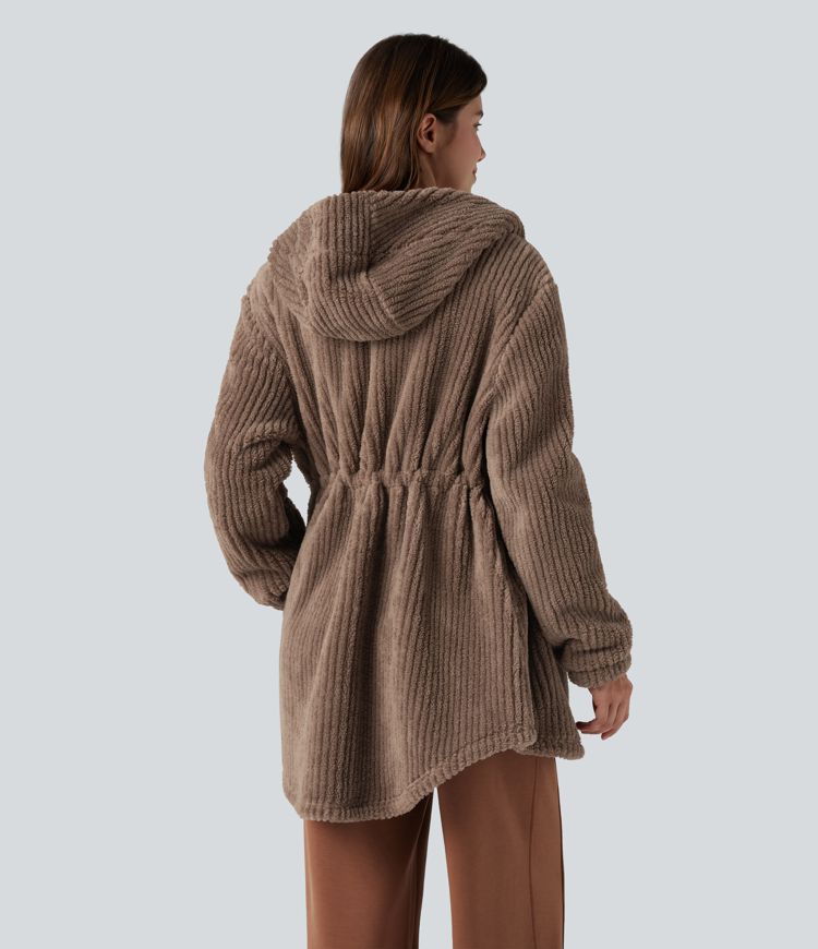 Hooded Drawstring Curved Hem Relaxed Casual Sherpa Jacket with Pockets