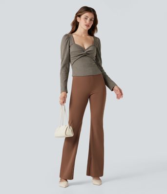 Queen Anne Neck Long Sleeve Houndstooth Work T-Shirt