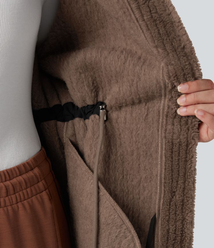 Hooded Drawstring Curved Hem Relaxed Casual Sherpa Jacket with Pockets