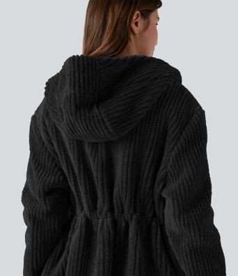 Hooded Drawstring Curved Hem Relaxed Casual Sherpa Jacket with Pockets