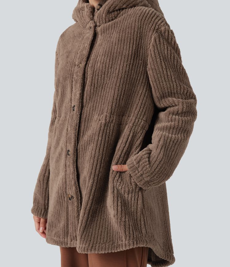 Hooded Drawstring Curved Hem Relaxed Casual Sherpa Jacket with Pockets