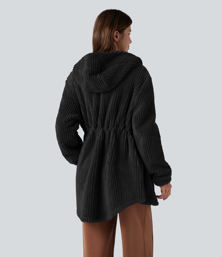 Hooded Drawstring Curved Hem Relaxed Casual Sherpa Jacket with Pockets