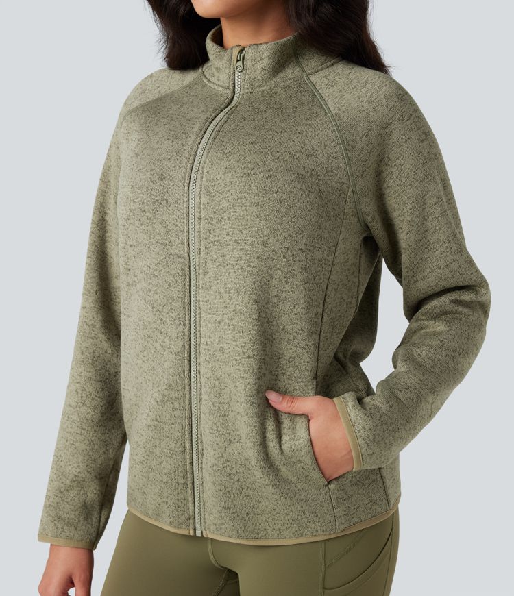 Veste polaire de randonnée chiné col montant manches longues avec fermeture éclair et poches