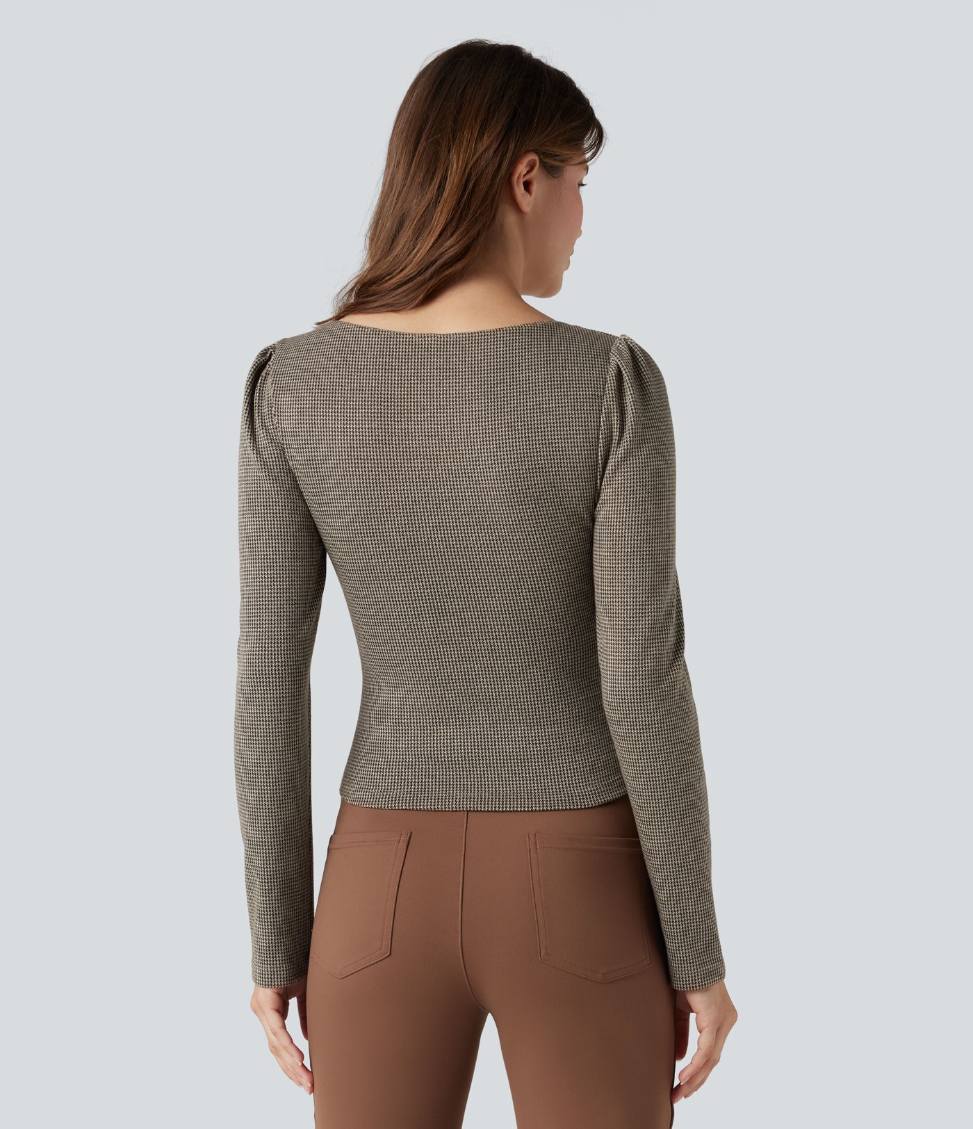 Queen Anne Neck Long Sleeve Houndstooth Work T-Shirt