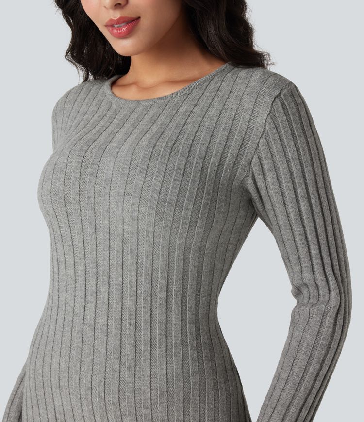 Round Neck Long Sleeve Midi Work Sweater Dress
