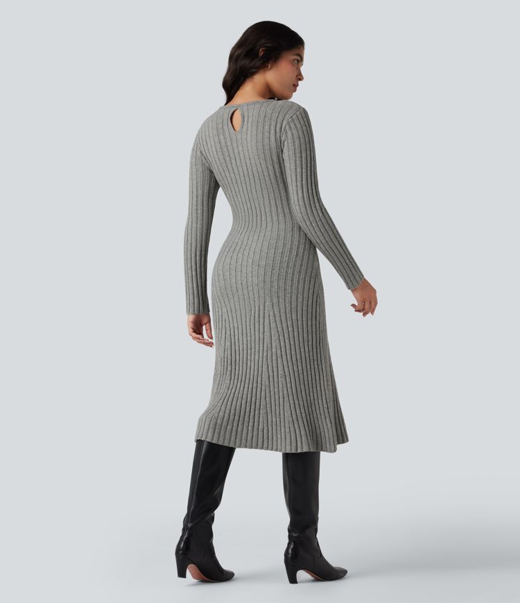 Round Neck Long Sleeve Midi Work Sweater Dress