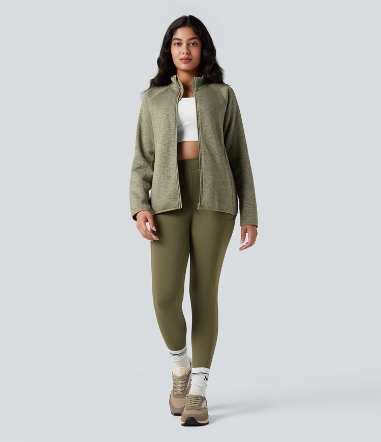 Veste polaire de randonnée chiné col montant manches longues avec fermeture éclair et poches