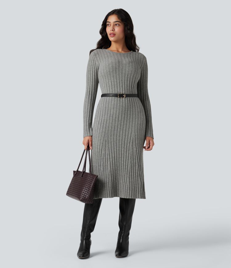 Round Neck Long Sleeve Midi Work Sweater Dress