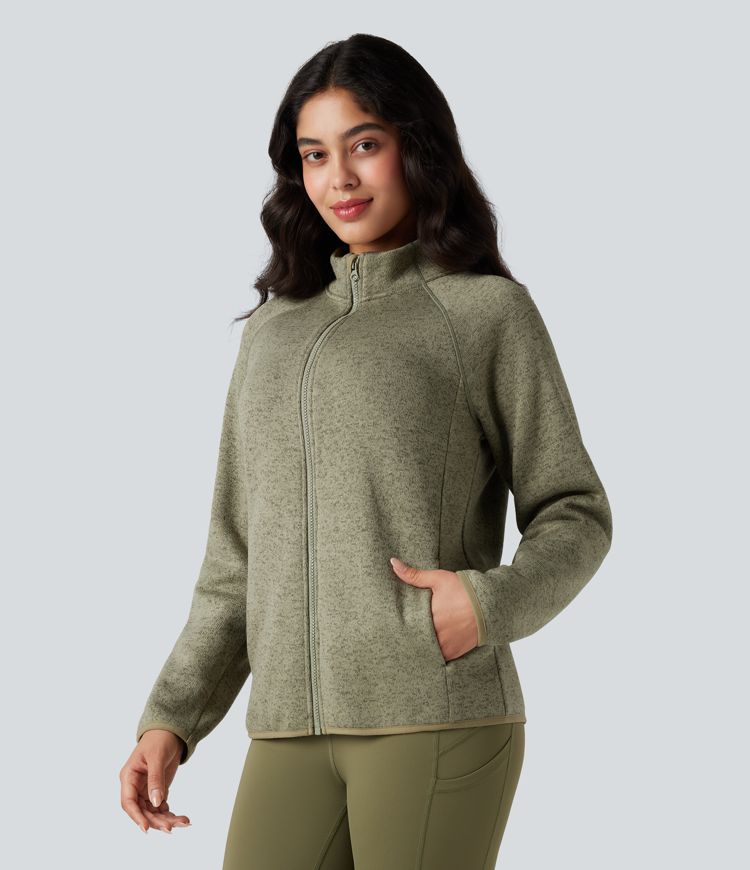 Veste polaire de randonnée chiné col montant manches longues avec fermeture éclair et poches