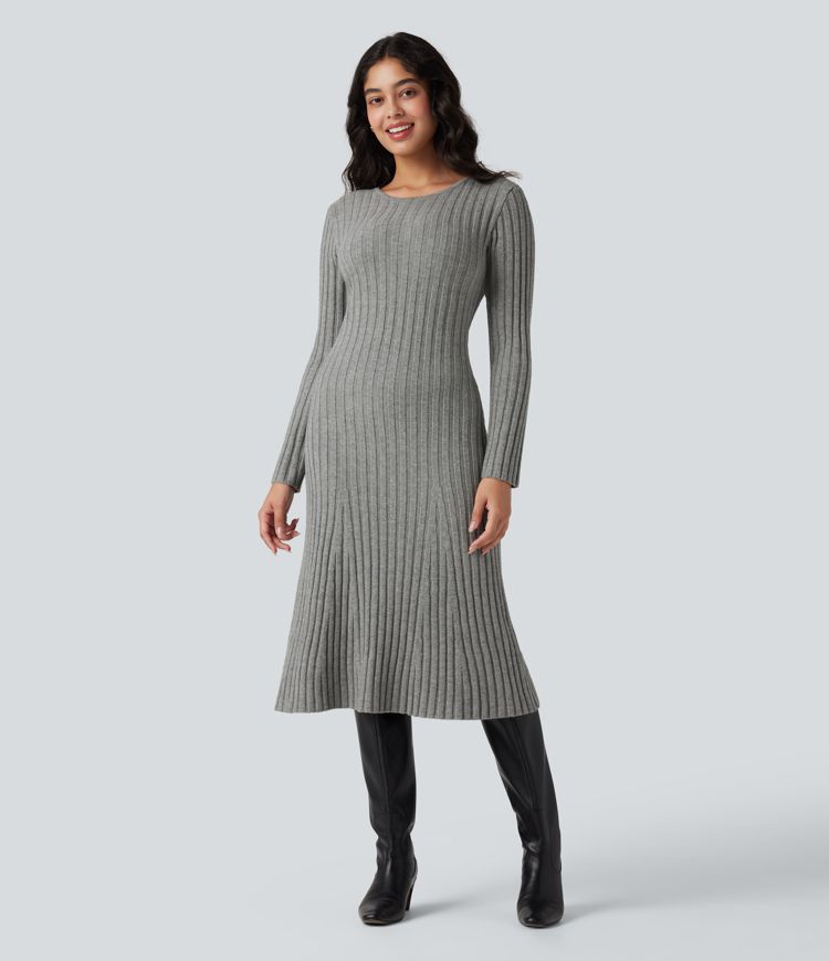 Round Neck Long Sleeve Midi Work Sweater Dress