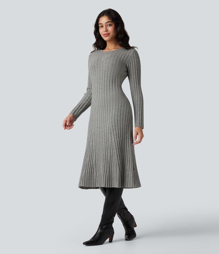 Round Neck Long Sleeve Midi Work Sweater Dress