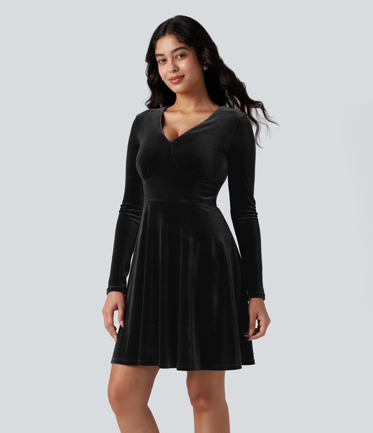 V Neck Long Sleeve Tummy Control Built-in Shapewear Velvet Mini Dress-Easy Peezy Edition