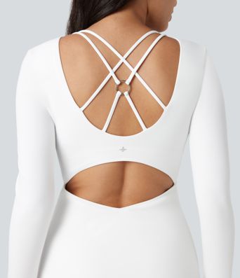 SoftlyZero™ QuickDry Crisscross Back Long Sleeve Thumb Holes 2-in-1 Mini Tennis Active Dress with Pockets-Easy Peezy