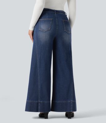 Halara Flex™ hochgeschnittene, mit Gürtel versehene, weit ausgestellte Casual-Jeans mit Taschen