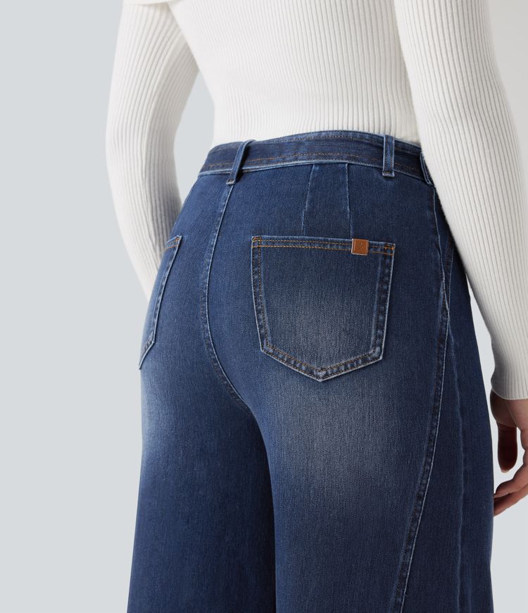 Halara Flex™ hochgeschnittene, mit Gürtel versehene, weit ausgestellte Casual-Jeans mit Taschen