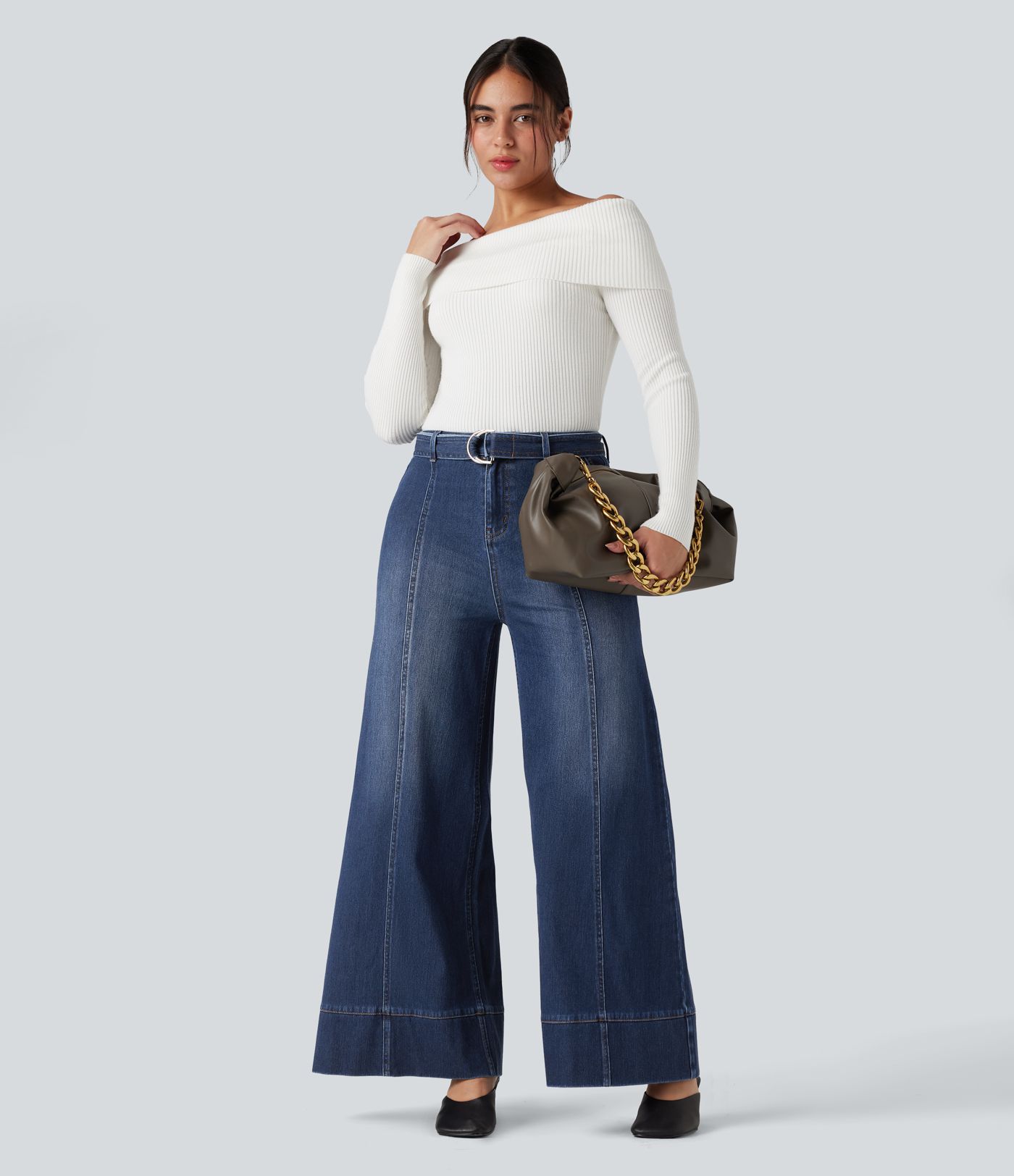 Halara Flex™ hochgeschnittene, mit Gürtel versehene, weit ausgestellte Casual-Jeans mit Taschen
