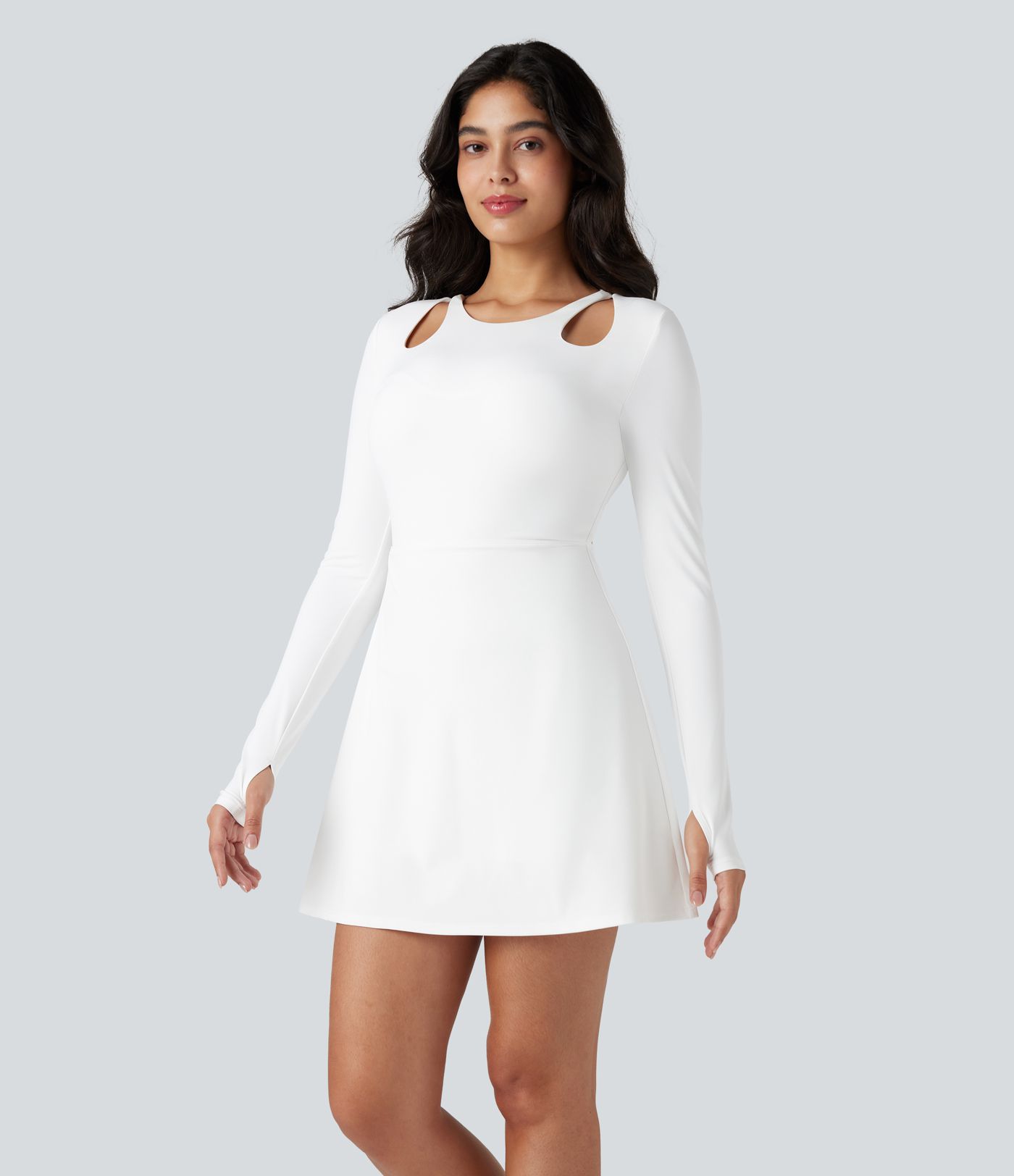 SoftlyZero™ QuickDry Crisscross Back Long Sleeve Thumb Holes 2-in-1 Mini Tennis Active Dress with Pockets-Easy Peezy