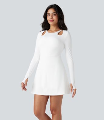 SoftlyZero™ QuickDry Crisscross Back Long Sleeve Thumb Holes 2-in-1 Mini Tennis Active Dress with Pockets-Easy Peezy