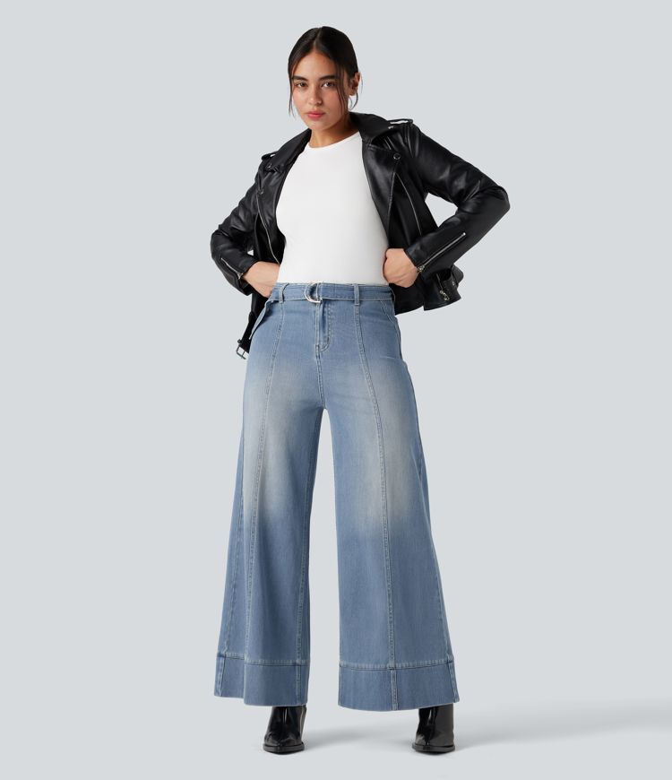 Halara Flex™ High Waisted Belted Wide Leg Flare Casual Jeans with Pockets