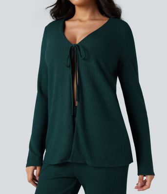 Deep V-neck Long Sleeve Relaxed Fit Waffle Lounge Top
