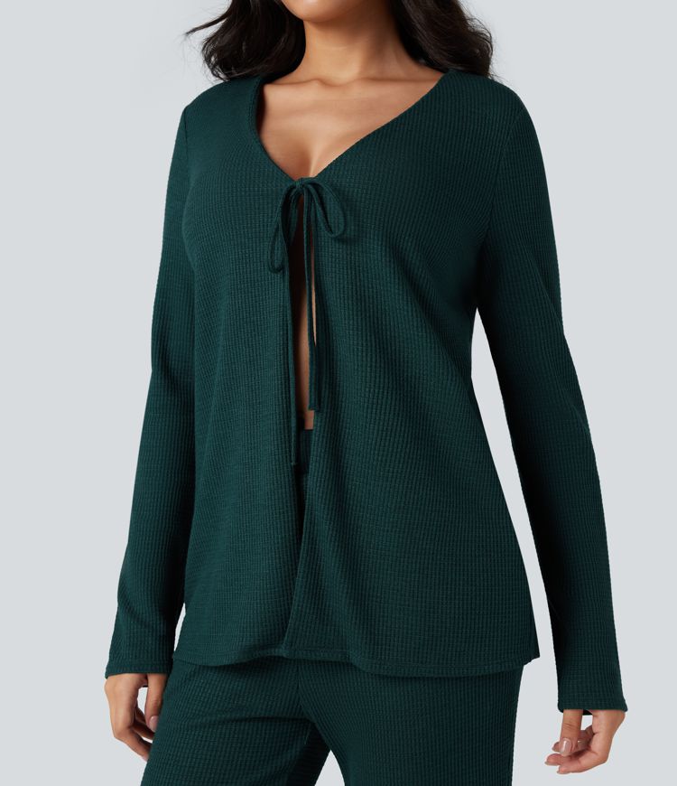 Deep V-neck Long Sleeve Relaxed Fit Waffle Lounge Top