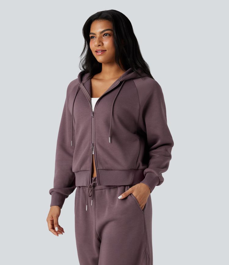 Hooded Double Zipper Oversized Fleece Casual Cotton Sweatshirt with Pockets