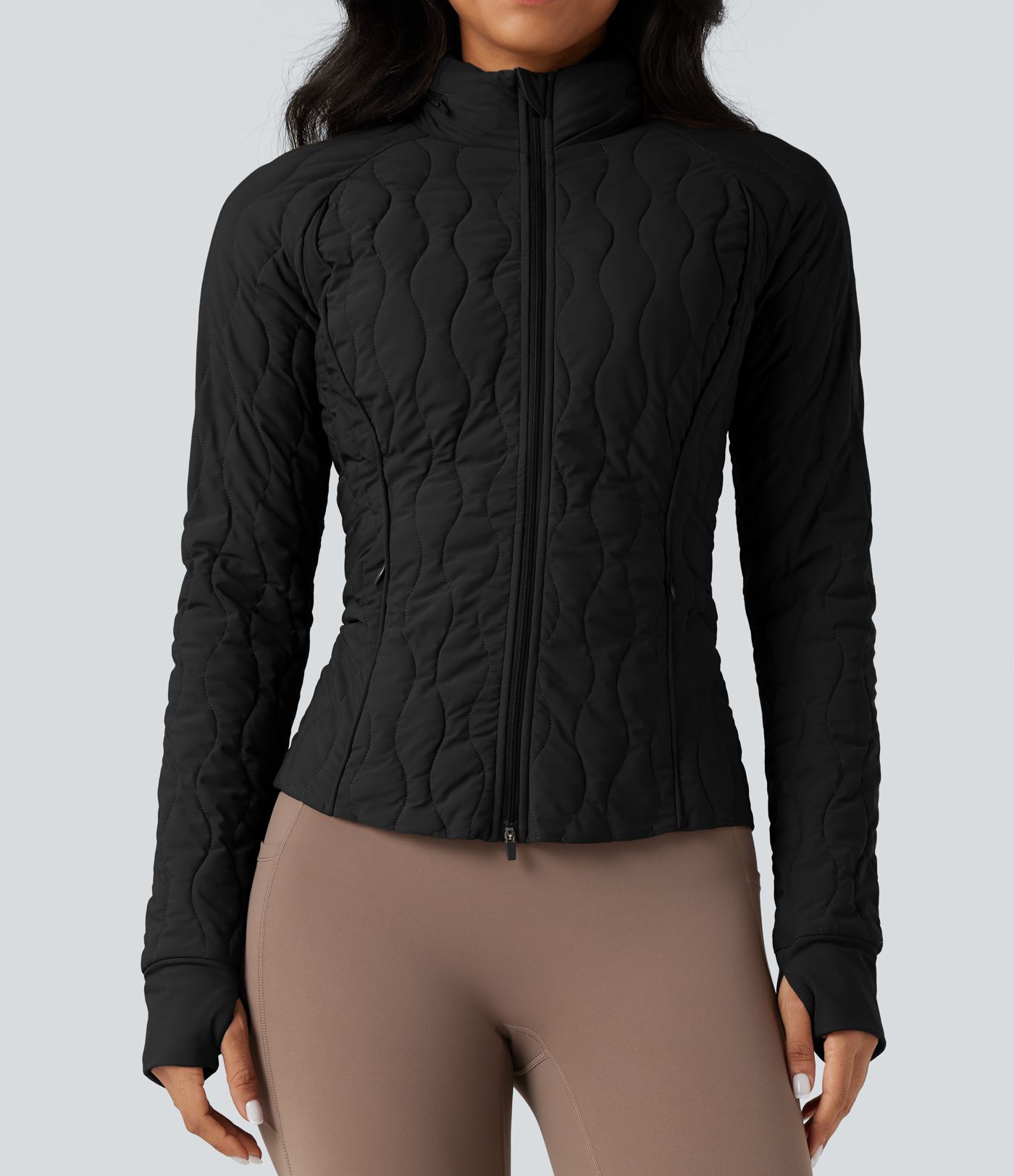 Veste d'entraînement matelassée extensible col montant avec passants pouces PuffFlex avec poches - Oreiller de voyage pliable