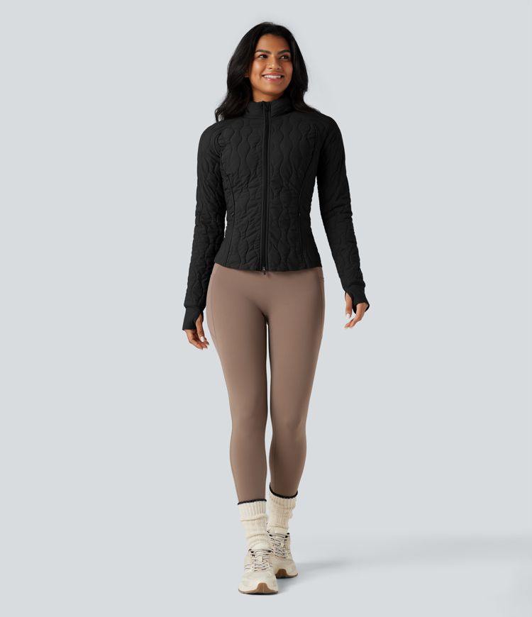 High-neck Thumb Holes Stretchy Workout Padded Jacket with Pockets-Packable Neck Pillow