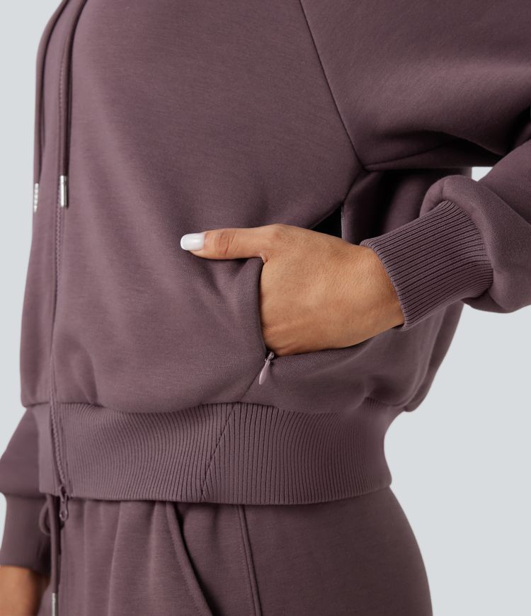 Hooded Double Zipper Oversized Fleece Casual Cotton Sweatshirt with Pockets